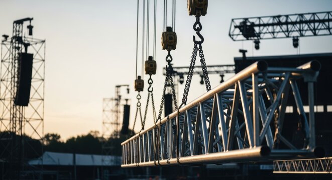 Sideview of multiple chain hoists synchronizing the elevation of a large triangular truss section in an outdoor venue.