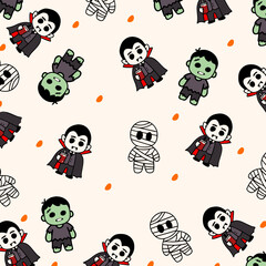 Obraz premium Cute Halloween Seamless Pattern with Cartoon Dracula, Mummy, and Frankenstein