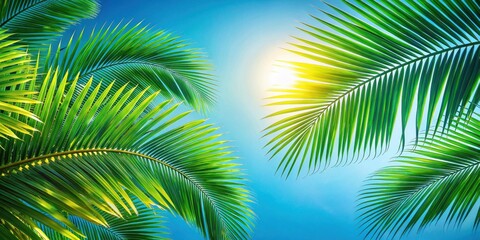 Fototapeta premium Lush green palm fronds against a vibrant blue sky, bathed in the warm glow of sunlight.