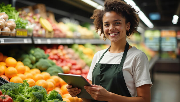 Smiling woman with Down syndrome works in grocery store produce section using tablet. Represents inclusion, diversity, ability in workplace. Highlights employment opportunities, community integration