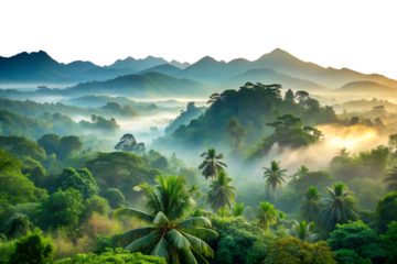 A breathtaking view of a misty tropical forest landscape with mountains, sunrise, and fog creating a serene and scenic natural environment isolated on transparent background