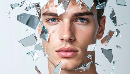 A face is fragmented and reflected across floating shards of broken glass against a dark background, captured in a cinematic shot with dramatic lighting for a surreal, striking, and mysterious effect
