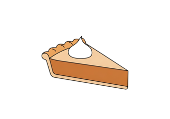 A simple, stylized illustration of a slice of pumpkin pie with a dark topping, highlighting its warm autumnal colors against a black backdrop.