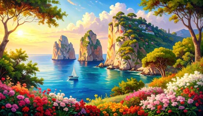 Sailing boat by rock formations and blooming flowers at sunset evoking Mediterranean dreamscape, Italian coastline or luxury escape concepts