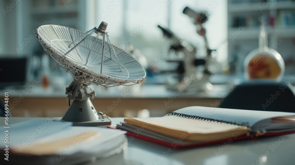 Aufkleber crisp medium shot of a small satellite dish in sharp focus beside blurry scientific instruments and 