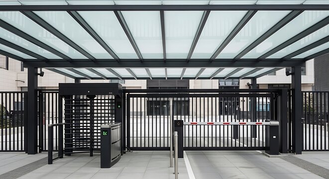 Modern security gate entrance with automatic access control system.