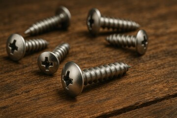 Close up of several metallic screws on a dark brown wooden surface background