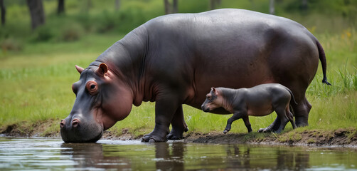 Fototapeta premium Mother hippopotamus, calf drink water by riverbank under sun. Young hippo walks closely beside parent, peaceful family scene in natural African habitat. Wildlife encounter highlights beauty of