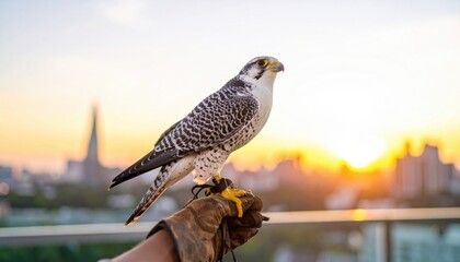 A trained falcon perched on a gloved hand with city skyline in background representing urban wildlife training and ancient traditions in a modern setting