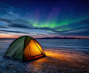 Camping in frozen landscape under Aurora
