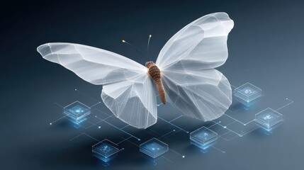 A digital butterfly rendered with wireframe aesthetics, surrounded by glowing data nodes, symbolizing the intersection of nature and technology.