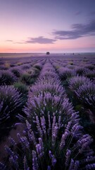 Fototapeta premium Dreamy Lavender Fields under Pastel Pink and Purple Sky, Vibrant Colors, Cinematic Depth, Scenic Floral Nature Landscape Wallpaper
