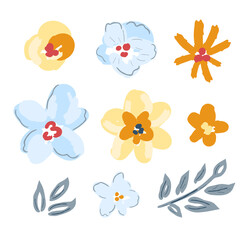 Set of cute floral elements, color vector illustration. Blue, orange beige flowers, branches, leaves. Nature and plants. For creating patterns, decorations.