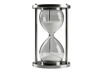 A sleek modern hourglass with clear borosilicate glass, polished silver supports, fine white sand flowing on a reflective white surface. Concept of strategic corporate efficiency