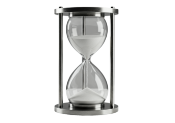 A sleek modern hourglass with clear borosilicate glass, polished silver supports, fine white sand flowing on a reflective white surface. Concept of strategic corporate efficiency