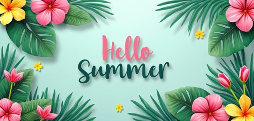 Paper cut style banner celebrates Hello Summer with tropical flowers, leaves. Bright pink, yellow hibiscus, tulips, palm leaves on pastel mint background. Festive design for vacation, travel, beach
