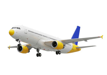 Obraz premium Commercial passenger airplane in flight with colorful engine nacelles against a stark black backdrop transparent background