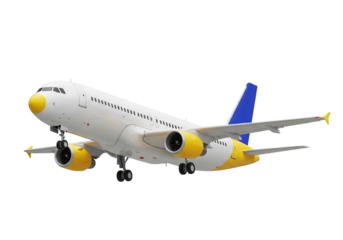 Commercial passenger airplane in flight with colorful engine nacelles against a stark black backdrop transparent background