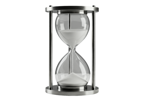 A sleek modern hourglass with clear borosilicate glass, polished silver supports, fine white sand flowing on a reflective white surface. Concept of strategic corporate efficiency