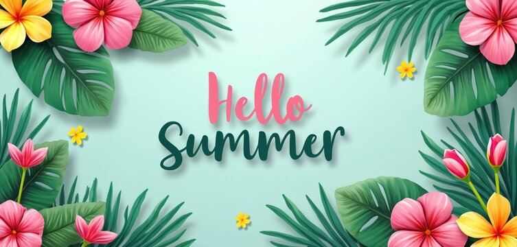 Paper cut style banner celebrates Hello Summer with tropical flowers, leaves. Bright pink, yellow hibiscus, tulips, palm leaves on pastel mint background. Festive design for vacation, travel, beach