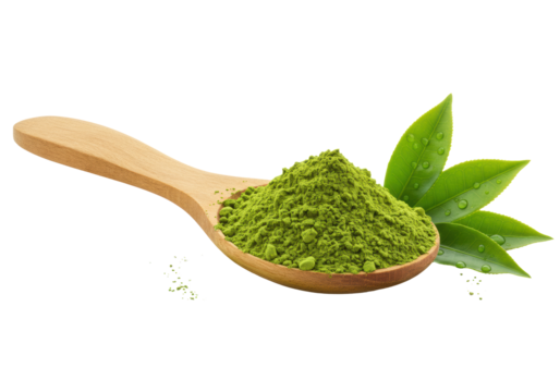 Rustic wooden spoon overflowing with vibrant green matcha powder, dew-kissed green tea leaves on a transparent background with soft bokeh, concept of natural health and wellness