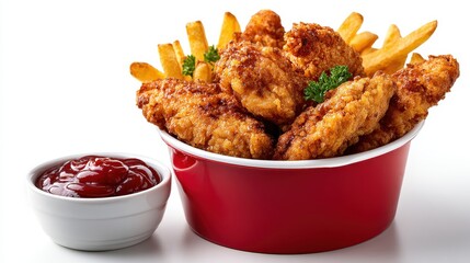 A bowl of crispy fried chicken wings served with golden fries and a side of ketchup, garnished with parsley for an appetizing look.