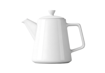 A glossy, white ceramic teapot with a modern, geometric design is featured against a black background.
