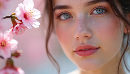 Naklejka premium Young woman with radiant skin, blue eyes poses among delicate pink cherry blossoms. Soft makeup enhances natural beauty. Serene springtime portrait captures youth, freshness, joy with subtle floral