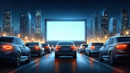 A vibrant night scene of cars parked in a row, facing a large movie screen in an urban setting, showcasing a lively atmosphere.