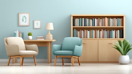 A cozy living room scene featuring modern chairs, a wooden bookshelf filled with books, a lamp, and a decorative plant against a light blue wall.