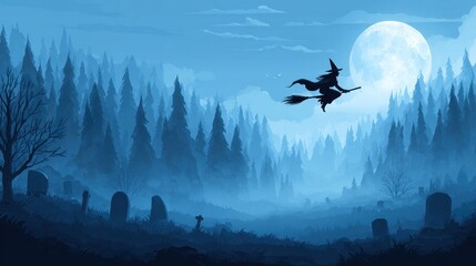 A silhouette of a witch riding a broomstick across a moonlit forest, surrounded by mist and gravestones, creating a spooky, enchanting atmosphere.