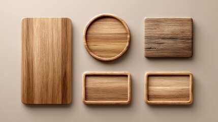 A collection of wooden serving trays in various shapes and sizes, showcasing natural wood grain against a neutral background.