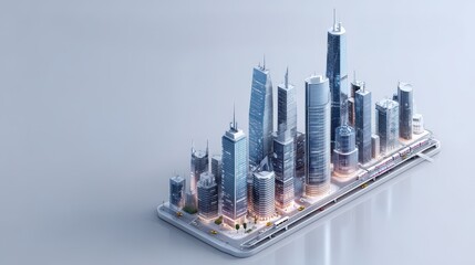 A futuristic city skyline featuring tall skyscrapers and modern architecture, illuminated against a minimalist background.