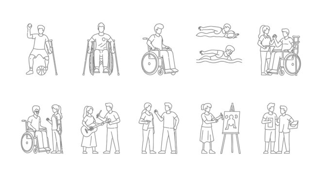 Line art illustrations of people with disabilities participating in various activities, showcasing inclusivity and diverse abilities.