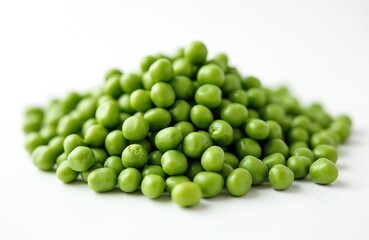 Heap of fresh green peas isolated on white background. Macro shot of vibrant, organic vegetable pile. Healthy food, protein source, perfect for vegan recipes and spring cooking.