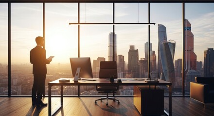 Businessman silhouette in modern office with city view
