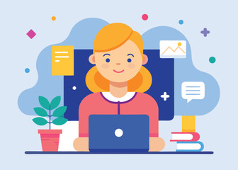 Woman working on laptop with documents and books in a colorful illustration