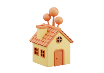 Charming cartoon style house with orange roof and three spherical trees on isolated black backdrop transparent background