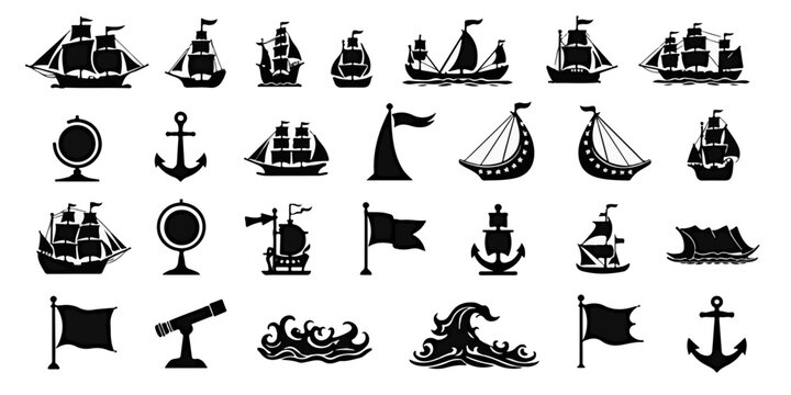 Silhouette Icons Set of Columbus Day, including sailing ships, compass, globe, anchor, telescope, explorer hat, maps, historical scrolls, flags, and ocean waves - Powered by Adobe