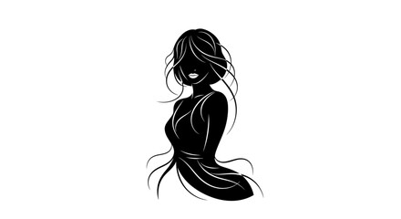 Silhouette of a woman with flowing hair, elegant pose, and a dress.