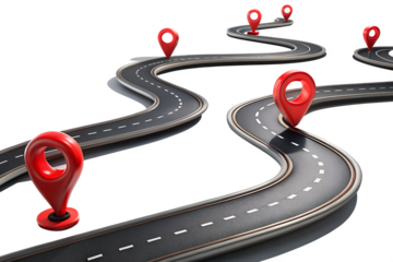 Winding road with location pins isolated on transparent background, representing travel, navigation, and finding destinations on a map