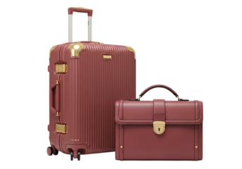 Elegant leather luggage set featuring a rolling suitcase and matching briefcase for travel and business transparent background