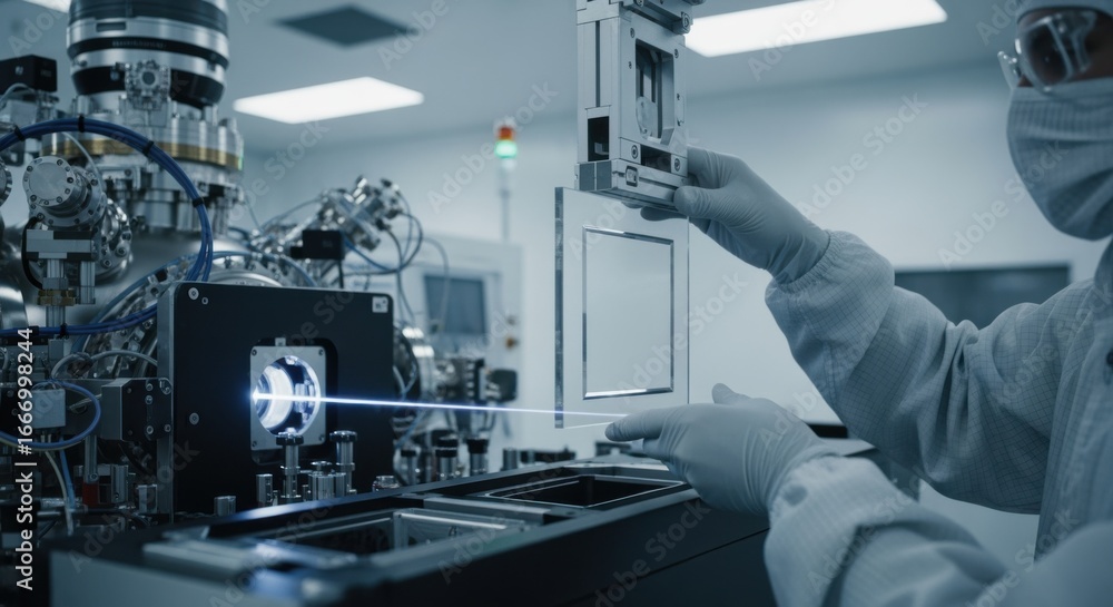 Poster slowmotion of a crystal quartz window being carefully fitted into the light path of an euv lithograp