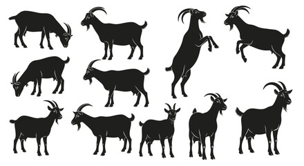 Dynamic black goat silhouettes in various poses ideal for farm animal designs or rustic branding projects
