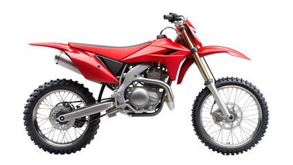 A vibrant red motocross bike isolated on transparent background, designed for offroad adventures and competitive racing with its powerful engine