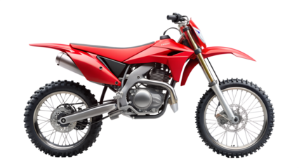 A vibrant red motocross bike isolated on transparent background, designed for offroad adventures and competitive racing with its powerful engine