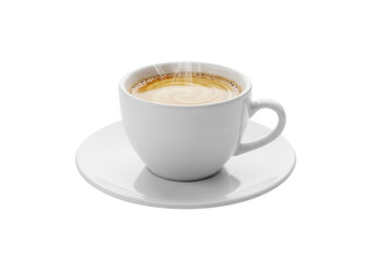 White ceramic coffee cup and saucer filled with creamy beverage and colorful rim detail isolated on black transparent background