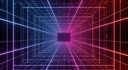Obraz premium A futuristic digital tunnel with glowing neon grid lines in blue and red, representing data flow and technology