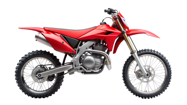 A vibrant red motocross bike isolated on transparent background, designed for offroad adventures and competitive racing with its powerful engine