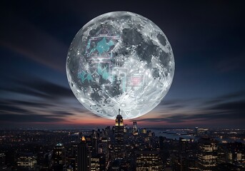 Moon over NYC cityscape at night